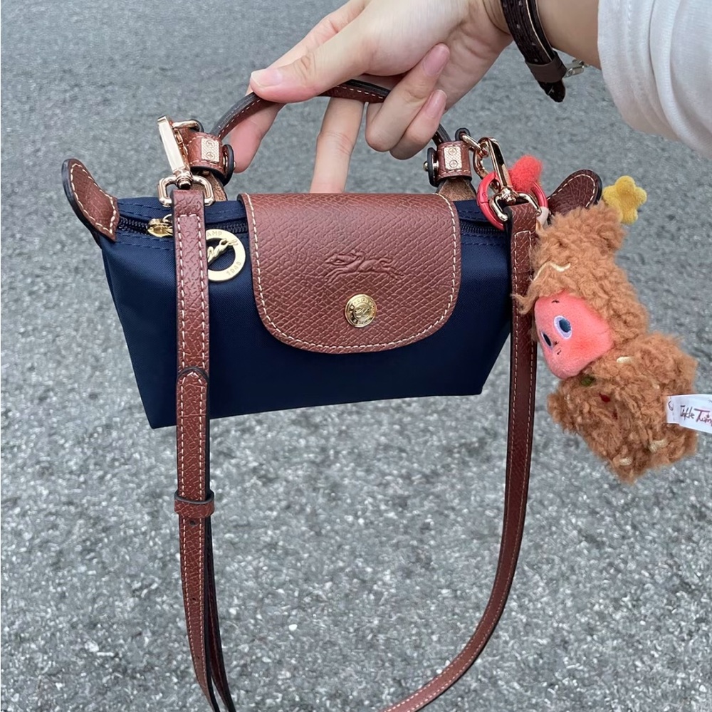 Longchamp Mini Le Pliage Navy Canvas Crossbody Tote Bag Brown Leather Trim